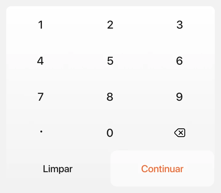 Numeric keypad with Limpar and an active orange Continuar.