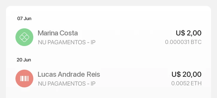 Two payments in the history list.