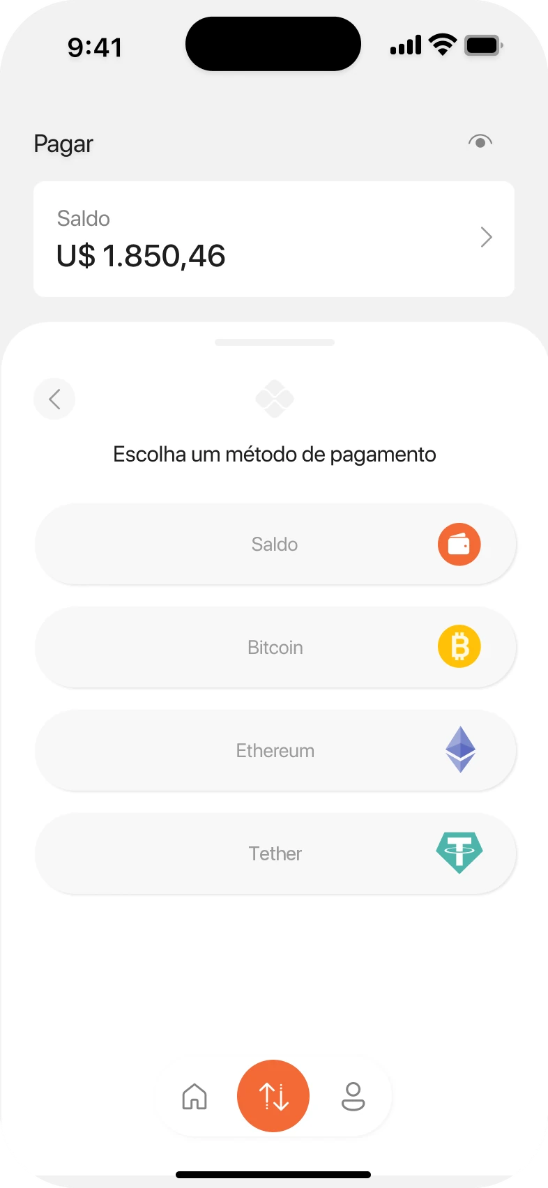 Draft 5: choose how to pay, from balance, Bitcoin, Ethereum or Tether.