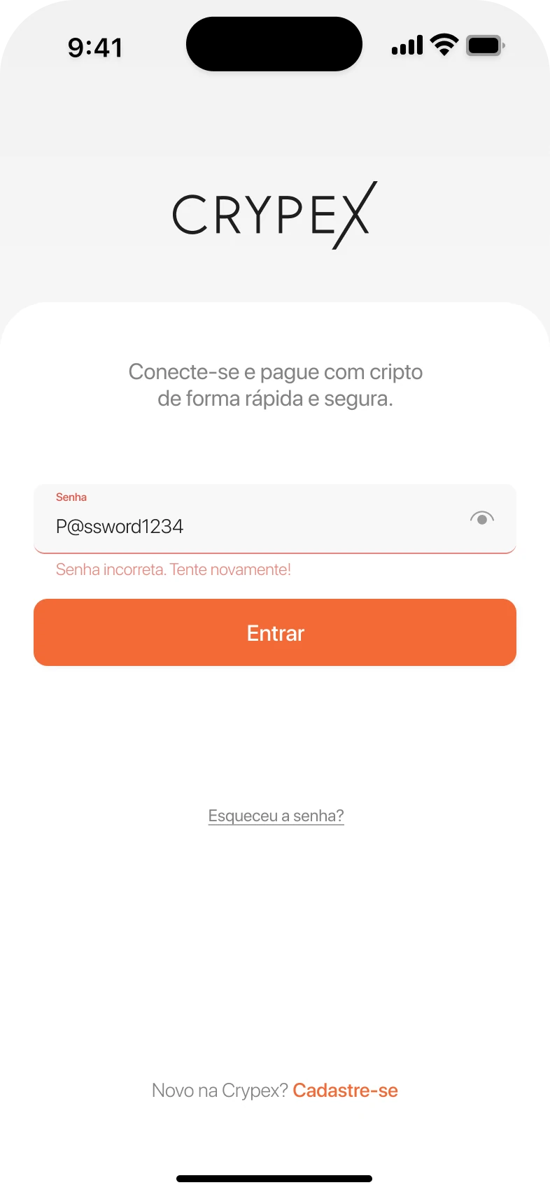 Password step with an inline error under the field: incorrect password, try again.
