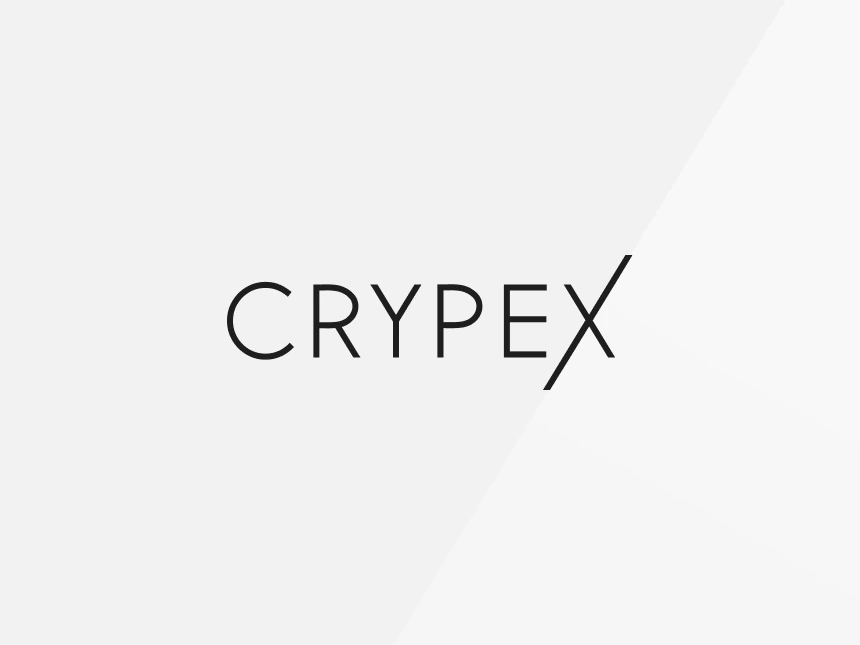 Crypex wordmark in black on light gray, with the same diagonal plane of light along the X.