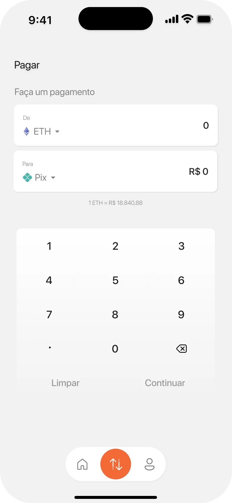 Pay screen before typing: ETH and Pix fields at zero and the Continue button disabled.
