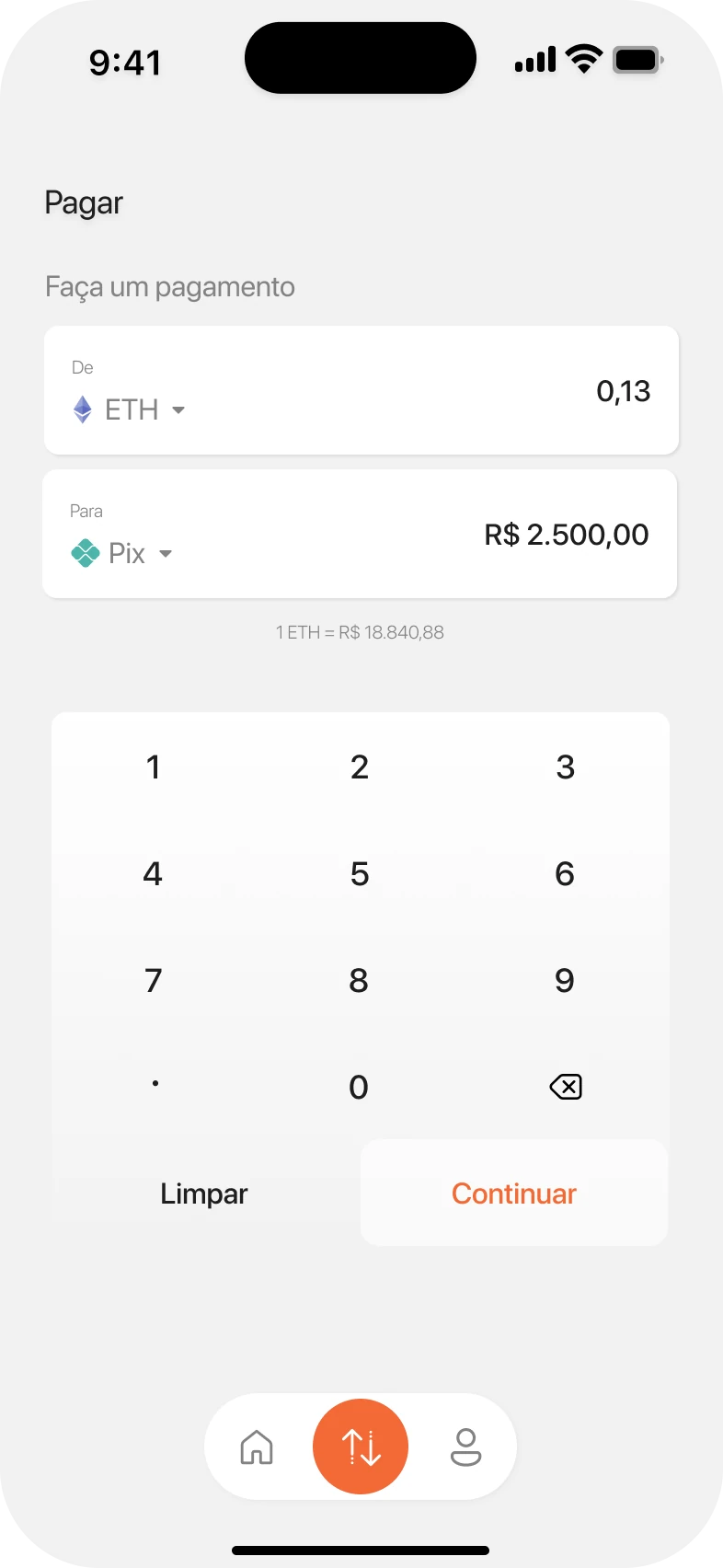 Pay screen: converting ETH into a Pix of R$ 2,500.00.