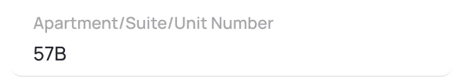 Filled text field: Apartment, Suite or Unit Number, 57B.