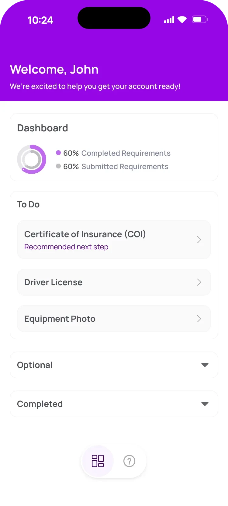 Driver app onboarding dashboard at 60%, with one recommended next step.
