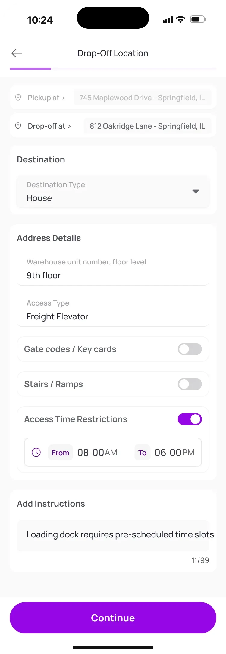 Drop-off details for a warehouse: both addresses on top, 9th floor by freight elevator, access hours from 8 am to 6 pm and a note about pre-scheduled loading dock slots.