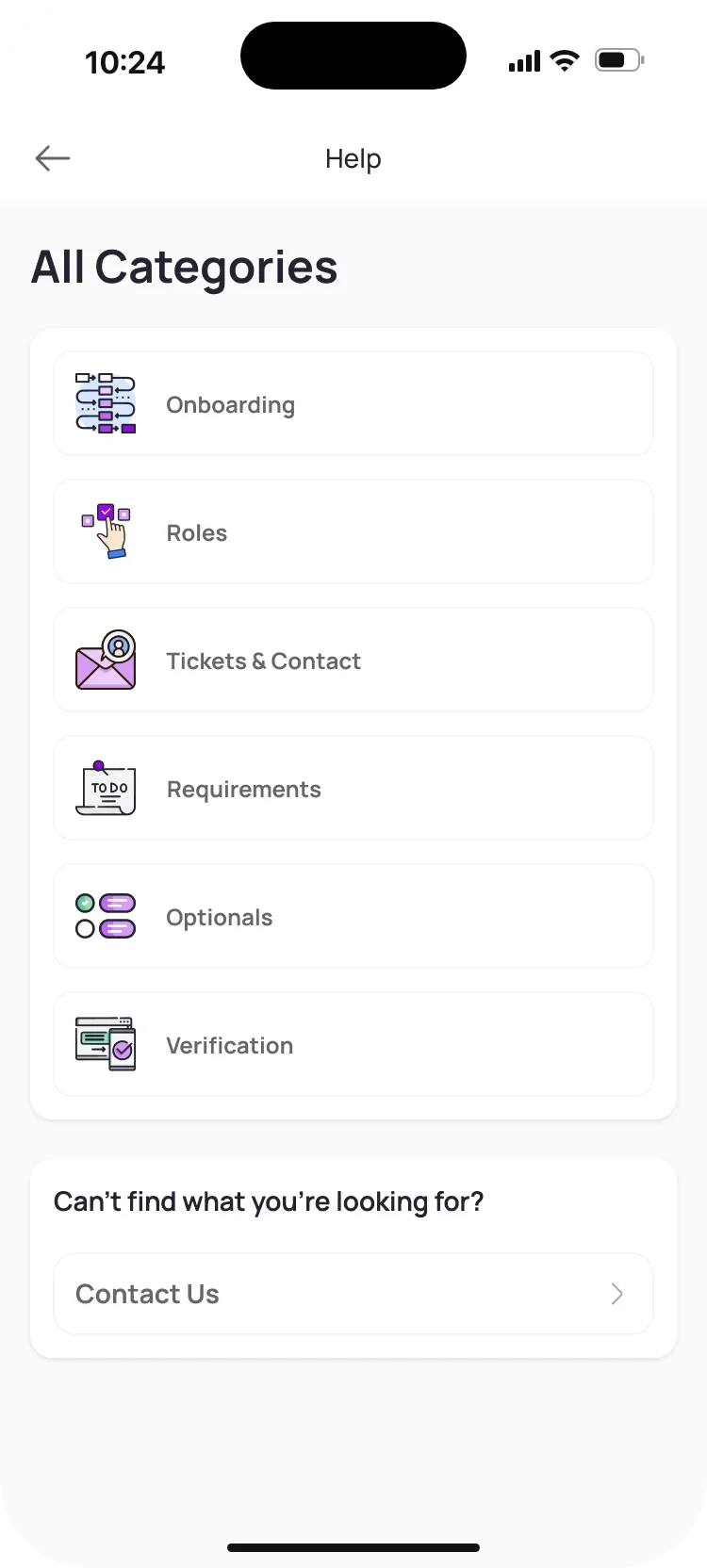 All categories as a list: onboarding, roles, tickets and contact, requirements, optionals and verification, then Contact Us.