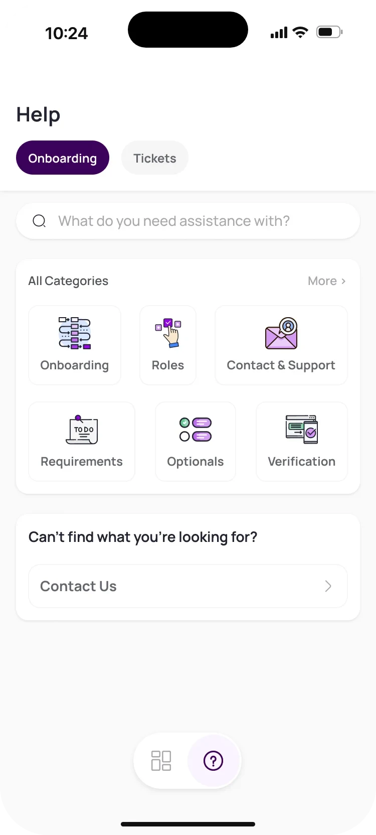 Driver app help center: onboarding and tickets tabs, search and six illustrated categories.