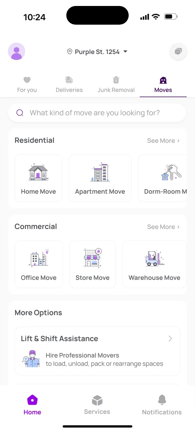 User app home: moves grouped as residential and commercial, each with its own illustration.