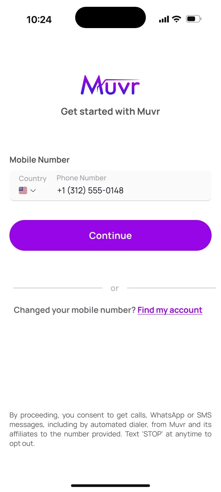 Get started with Muvr: a mobile number field with a country picker, Continue, and a Find my account link for people who changed their number.