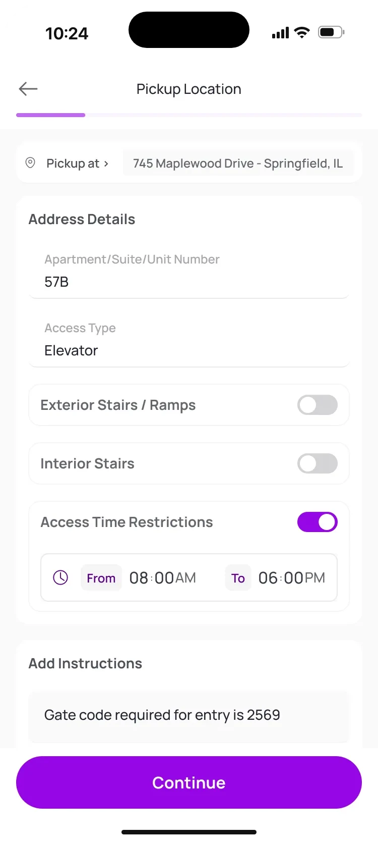 Pickup details for an apartment: unit number 57B, access by elevator and a time window from 8 am to 6 pm.