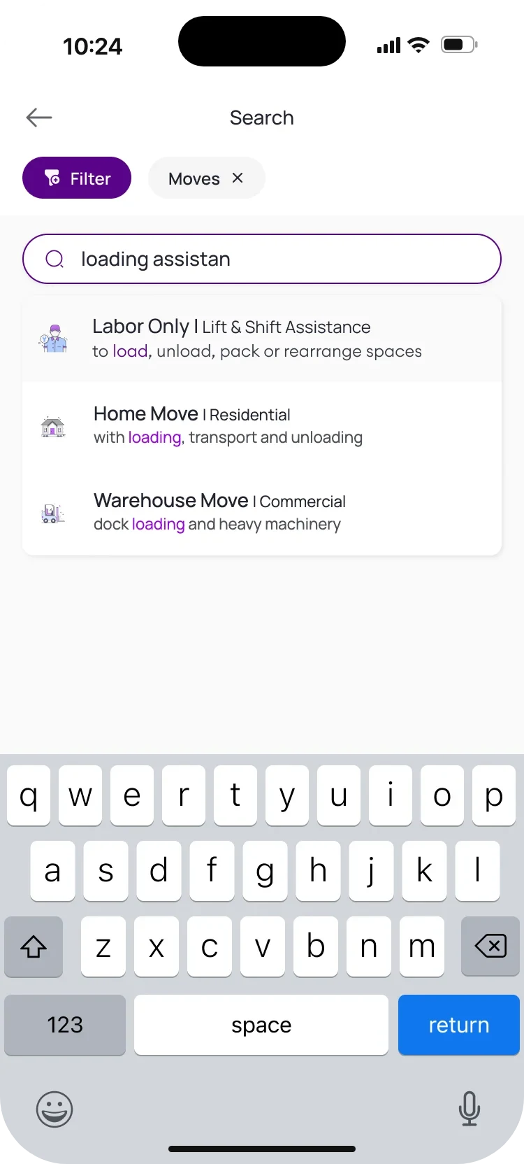 Search with “loading assistan” typed: the first result is Labor Only, Lift and Shift Assistance, with the matching word highlighted.