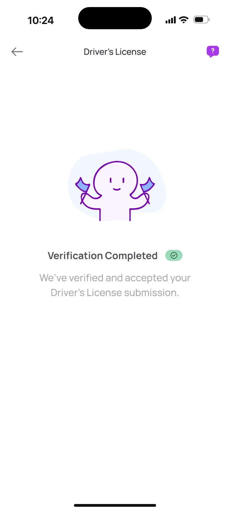 Driver’s license verified: a character waving flags and Verification Completed with a green badge.