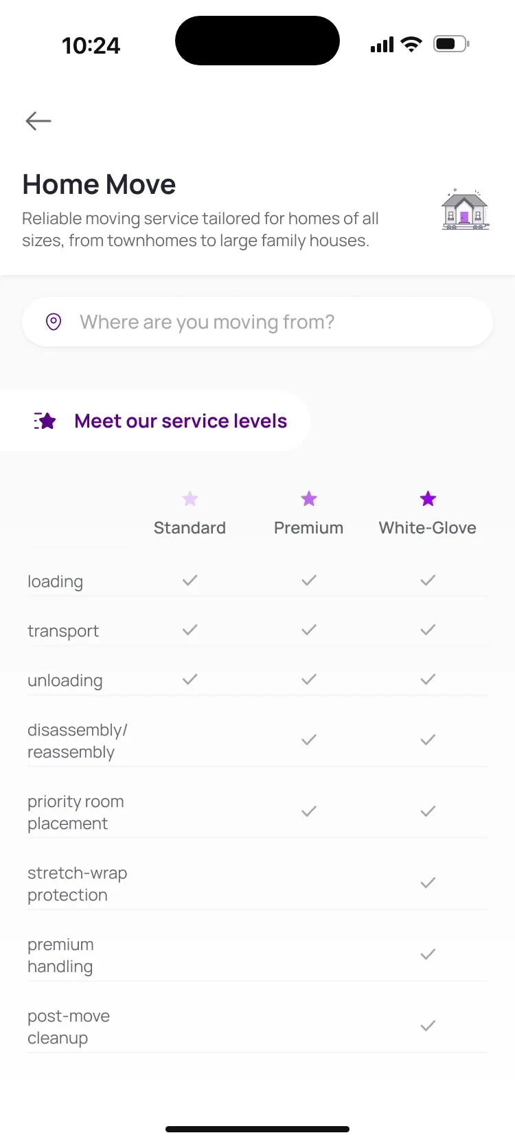 Home Move: a one-line description, “Where are you moving from?” and a table comparing Standard, Premium and White-Glove.