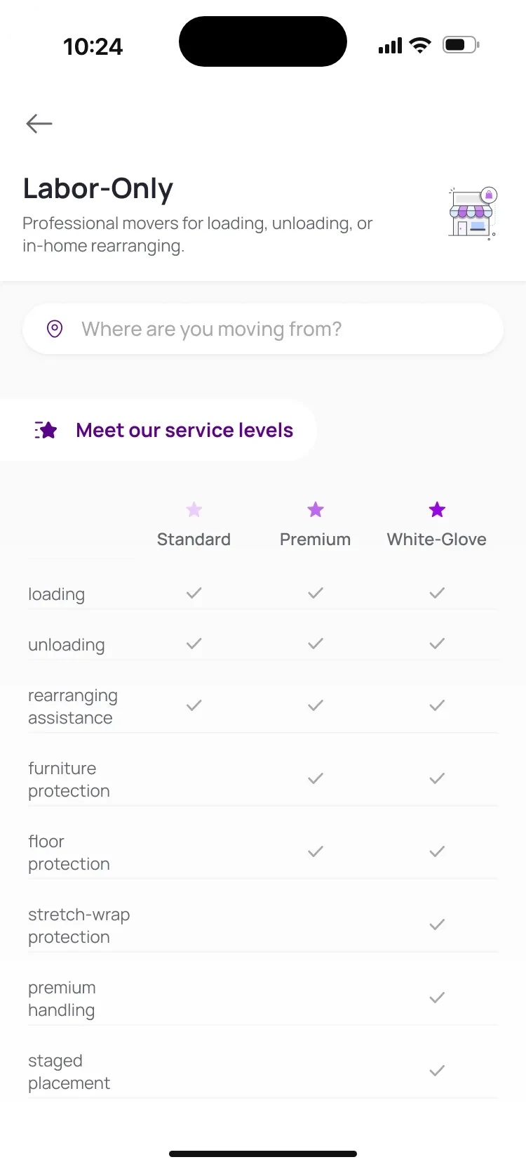 Labor Only page: rows for rearranging, furniture and floor protection and staged placement.